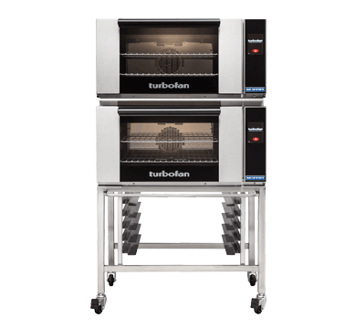 Turbofan E27T2/2 - Full Size Electric Convection Ovens Touch Screen Control Double Stacked on a Stainless Steel Base Stand