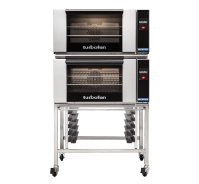 Turbofan E27T3/2 - Full Size Electric Convection Ovens Touch Screen Control Double Stacked on a Stainless Steel Base Stand